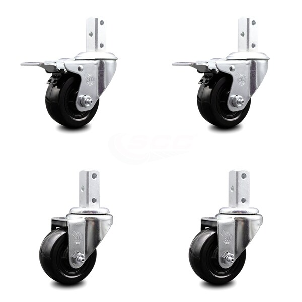 3 Inch Hard Rubber Swivel 7/8 Inch Square Stem Caster Total Lock Brakes, 2PK